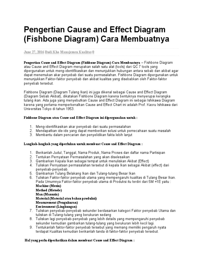 Pengertian Cause and Effect Diagram - Diagram Tulang Ikan (Fishbone