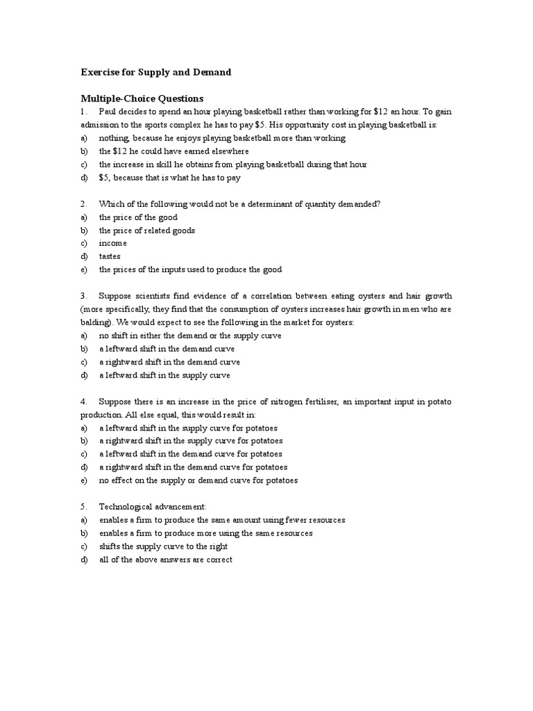 Exercise For Supply and Demand MultipleChoice Questions Descargar