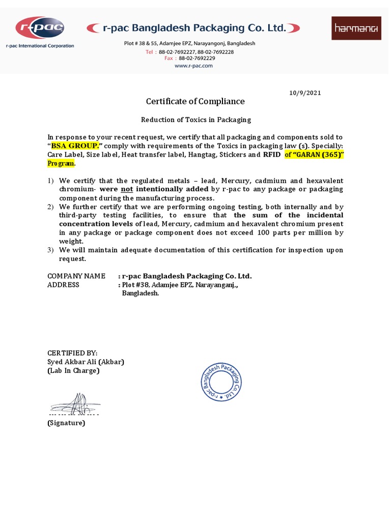 Certificate of Compliance: 