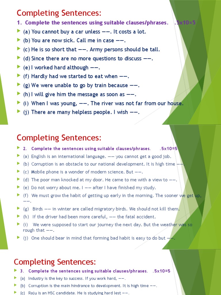 Completing Sentences 1 | PDF | Sentence (Linguistics) | Phrase