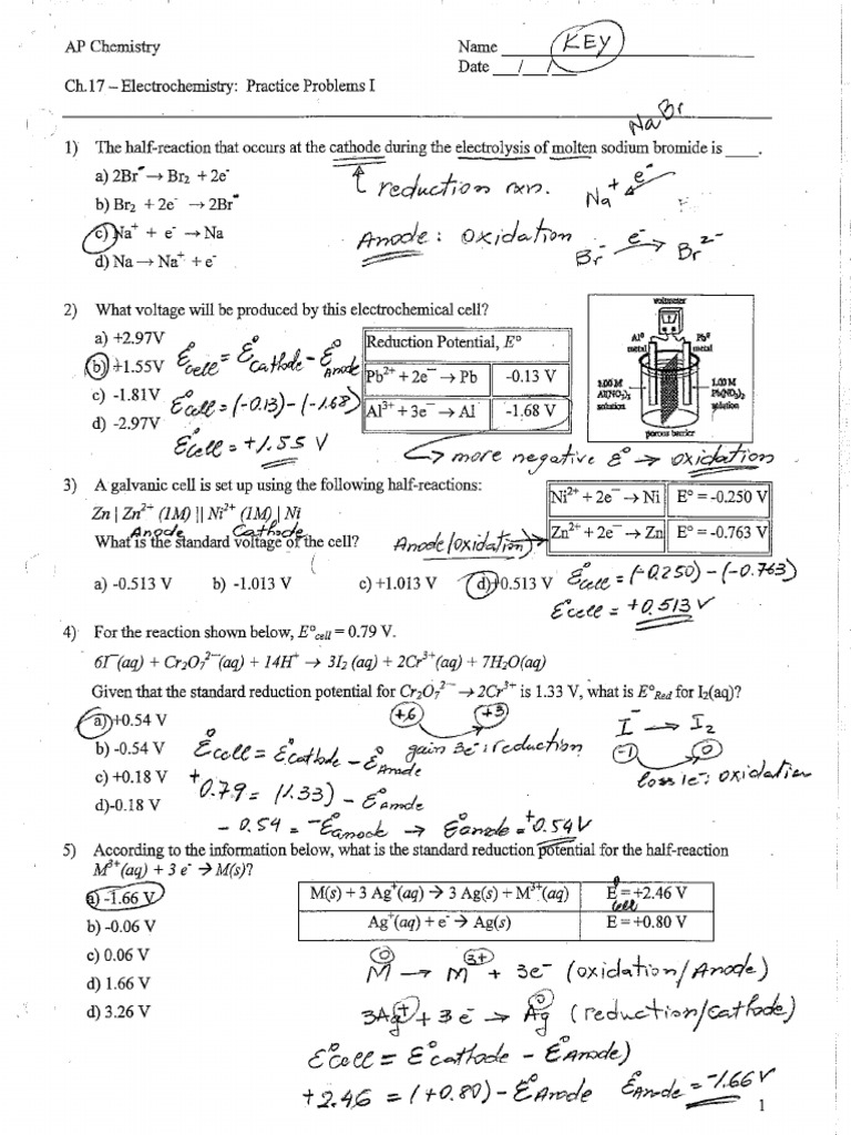 CH 17 Electrochemistry Practice Problems I Key PDF