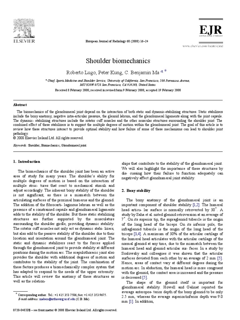 Shoulder Biomechanics Roberto Lugo, Peter Kung, C. Benjamin Ma PDF Shoulder Anatomical