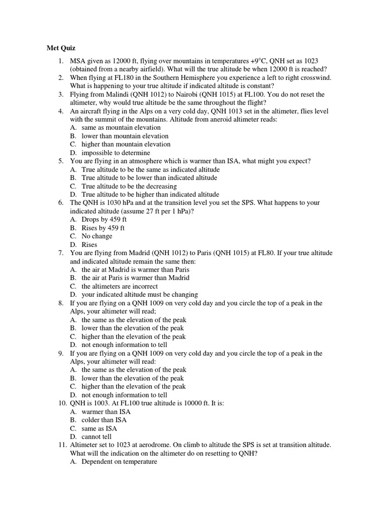 Met Quiz 42 PDF Altitude Altimeter