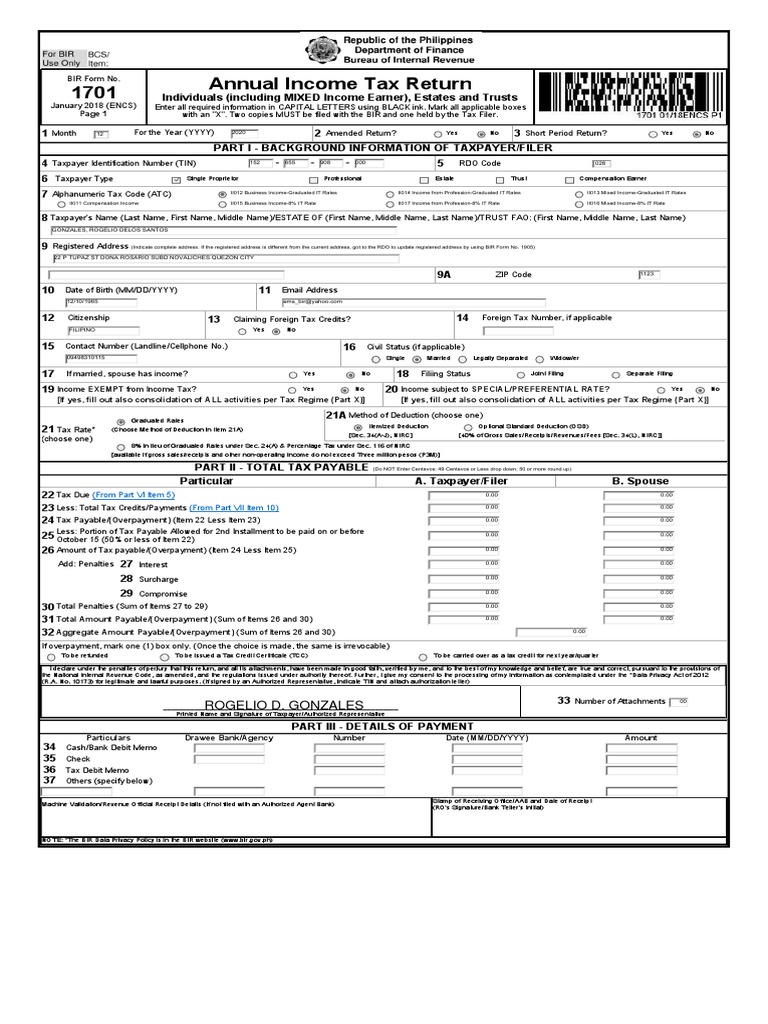 1701 Annual Tax Return Rogelio D. Gonzales PDF Tax