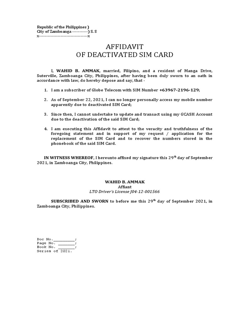 Affidavit for Deactivated SIM Card | PDF | Finance & Money Management | Law