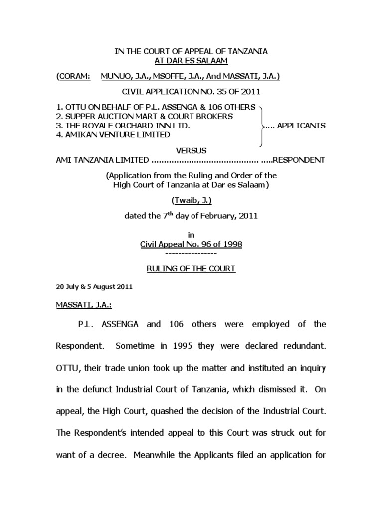Ottu &amp; 109 Ors Versus Ami Tanzania Limited 2011 | PDF | Case Law | Appeal