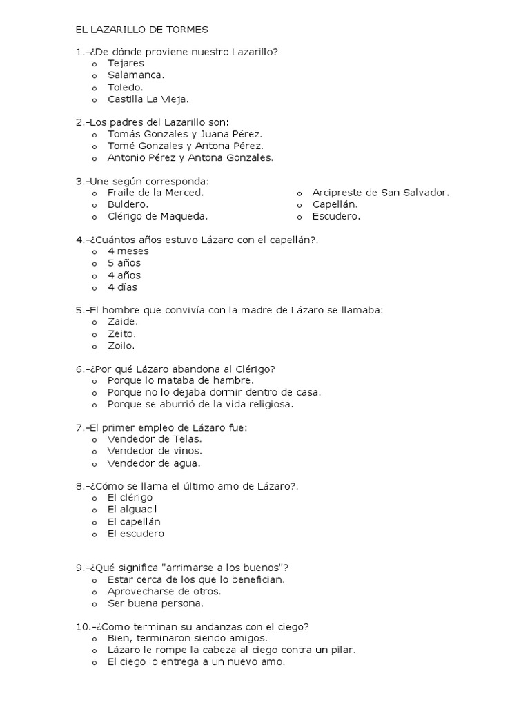 Cuestionario sobre El Lazarillo de Tormes | PDF | Religión y espiritualidad