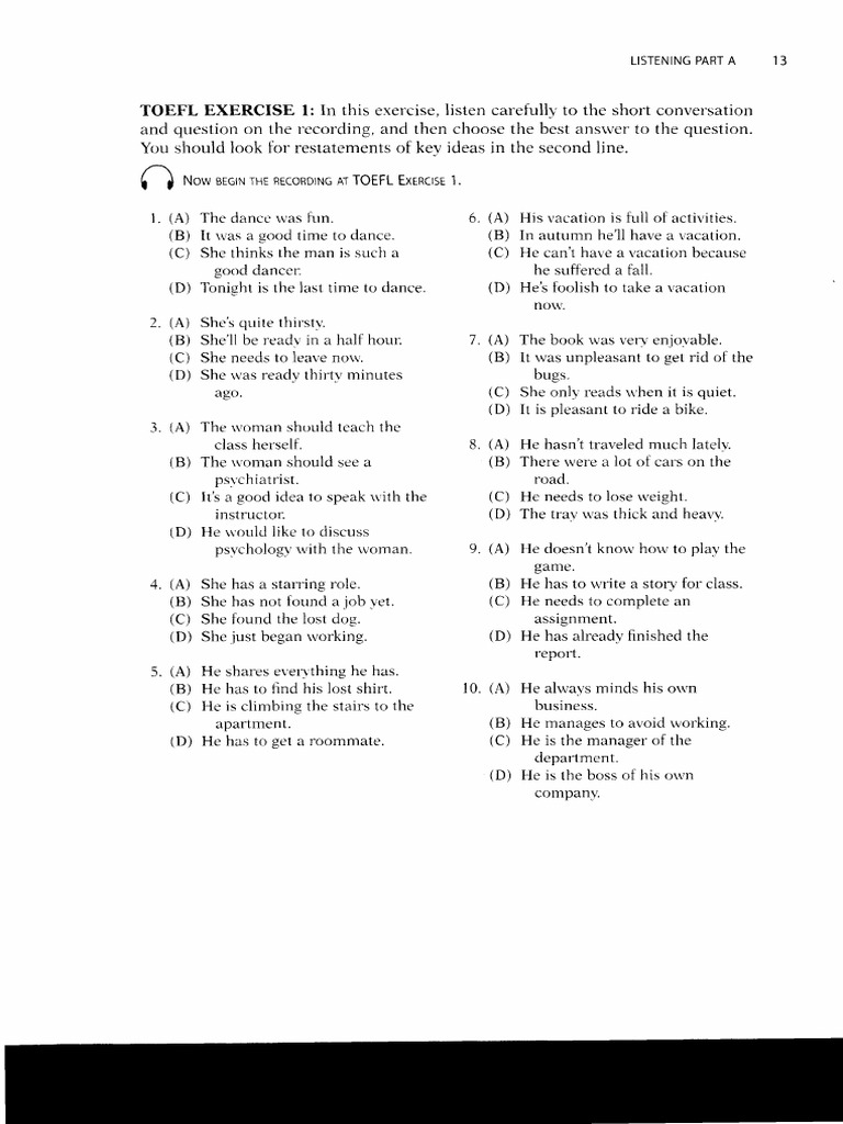Toefl Listening Part A Exercises Pdf Young Adult