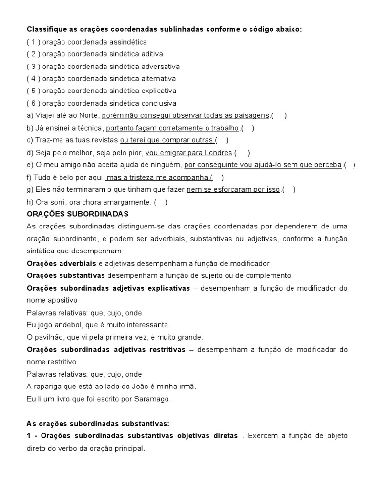 Classifique As Orações Coordenadas Sublinhadas Conforme o Código Abaixo ...