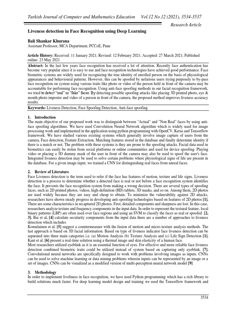 Liveness Detection in Face Recognition Using Deep Learning | PDF | Deep ...