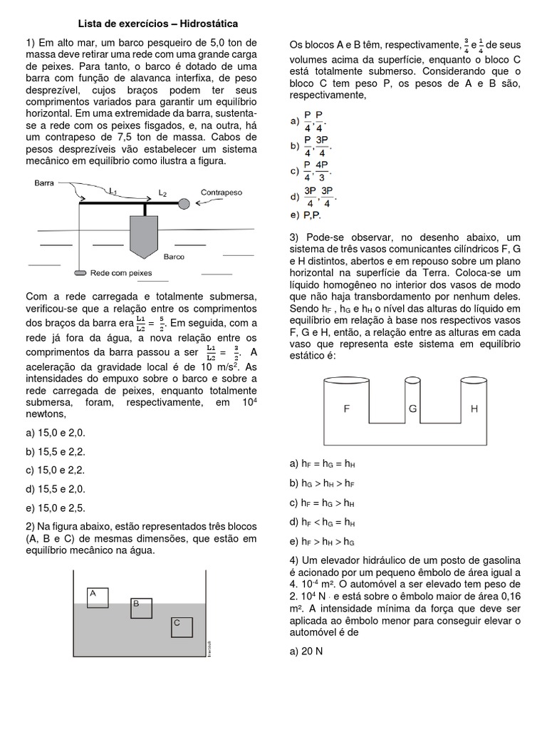 Exercícios de Hidrostática e Empuxo | PDF | Massa | Flutuabilidade