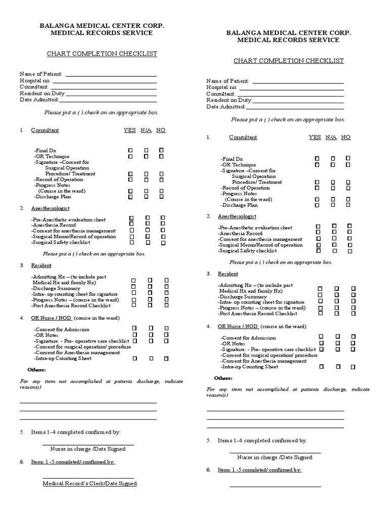 Medical Record Chart Completion Checklist | PDF | Patient | Surgery