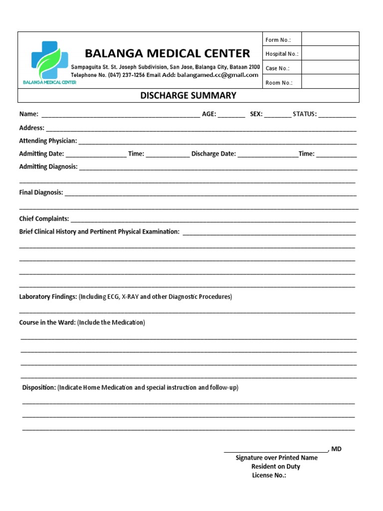 Hospital Patient Discharge Form