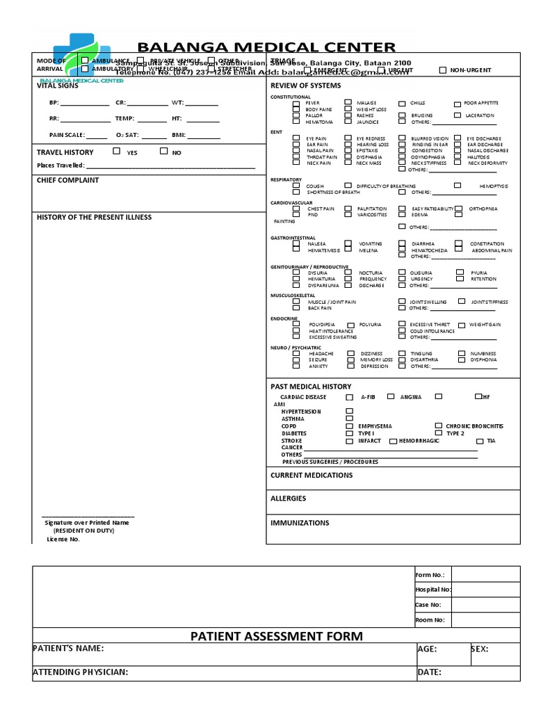 Patient Assessment Form Template | PDF | Symptoms And Signs | Diseases ...