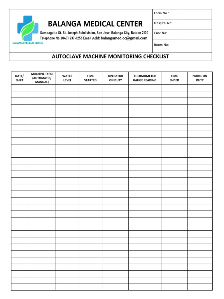 12 AUTOCLAVE MACHINE MONITORING CHECKLIST (New) | PDF