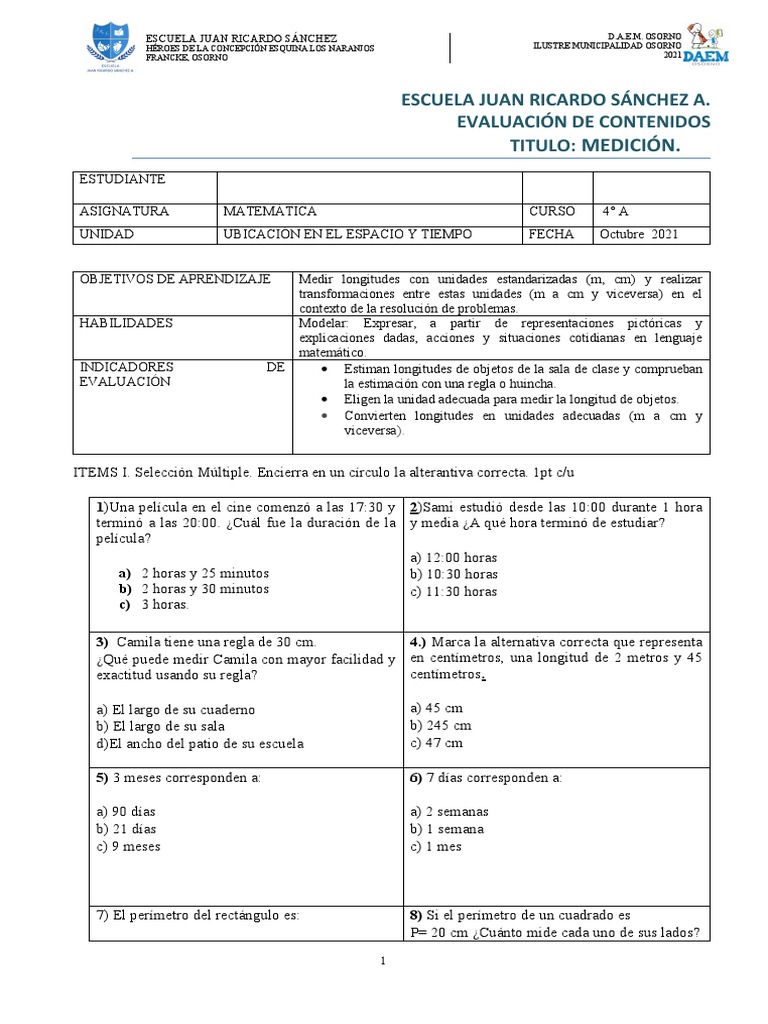 Prueba De Medición Para 4° Básico Pdf Longitud 