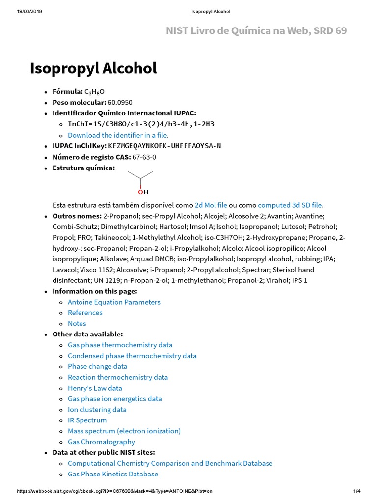 Isopropyl Alcohol NIST Livro de Química Na , SRD 69 PDF