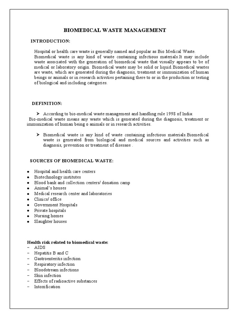 Biomedical Waste Management PDF Waste Infection