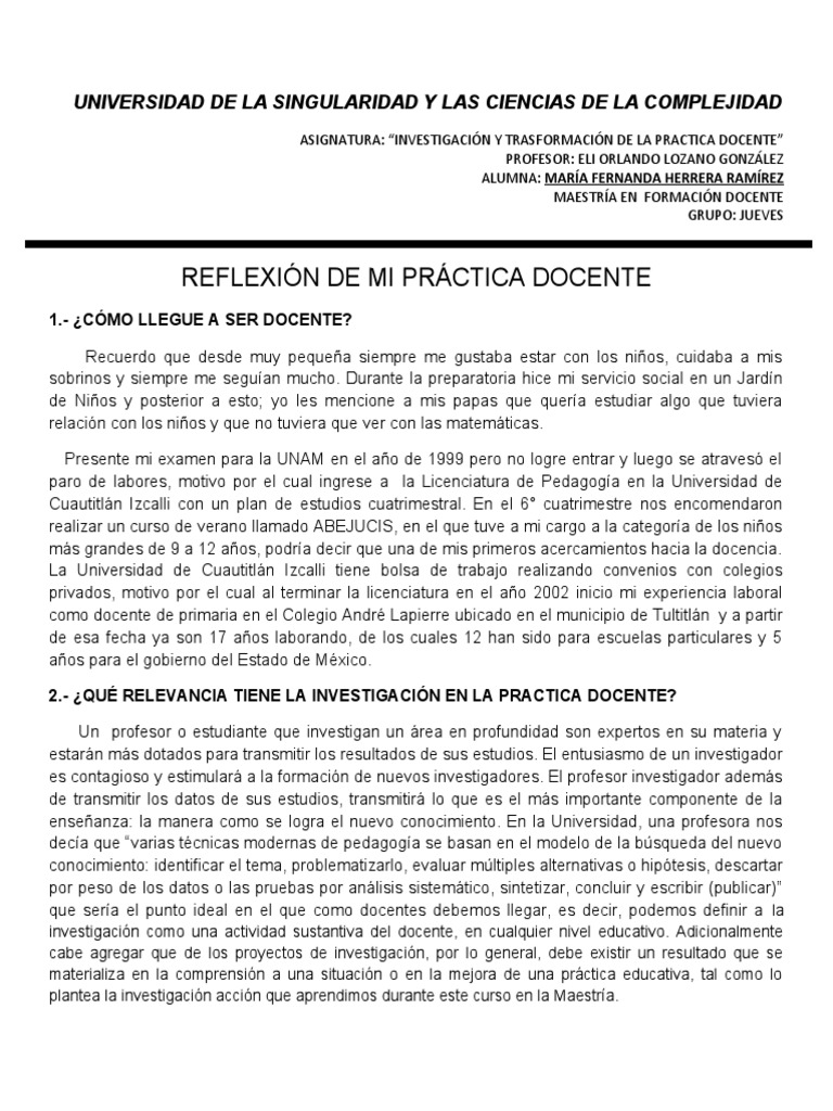 REFLEXIÓN DE LA PRACTICA DOCENTE | PDF | Aprendizaje | Maestros