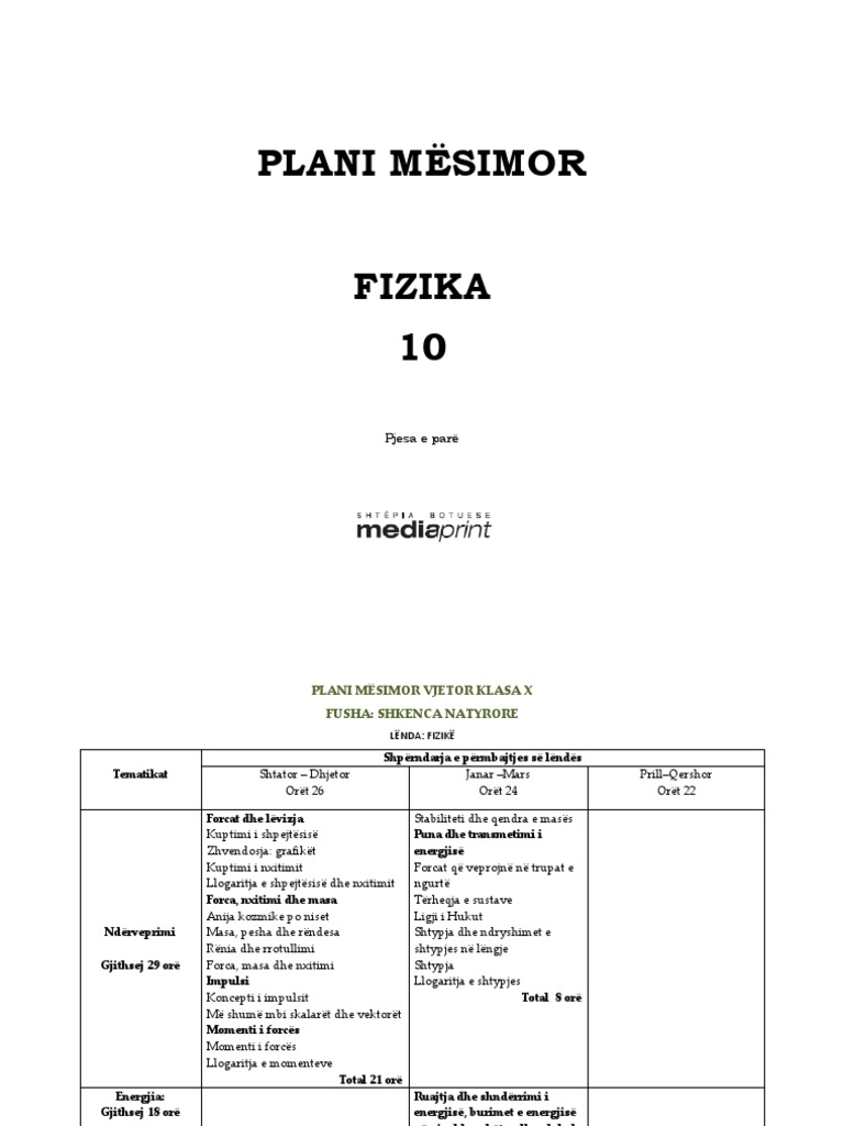 Fizika 10 Plane Mesimore PDF