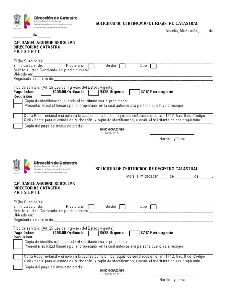 Solicitud de Certificado de Registro Catastral PDF Gobierno