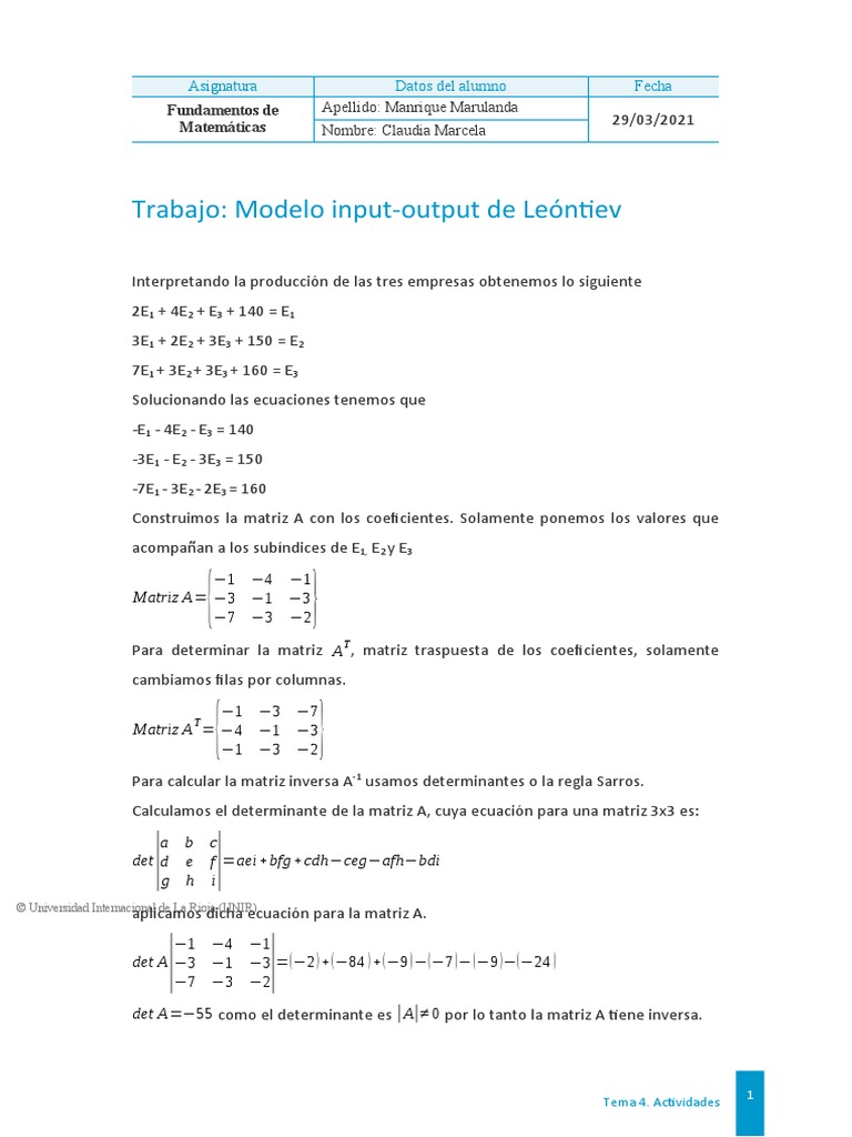 Modelo Input-Output de Leóntiev | PDF | Matriz (Matemáticas) | Determinante