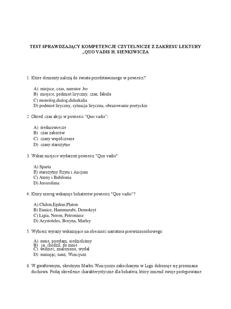 Test Ze Znajomości Lektury Quo Vadis