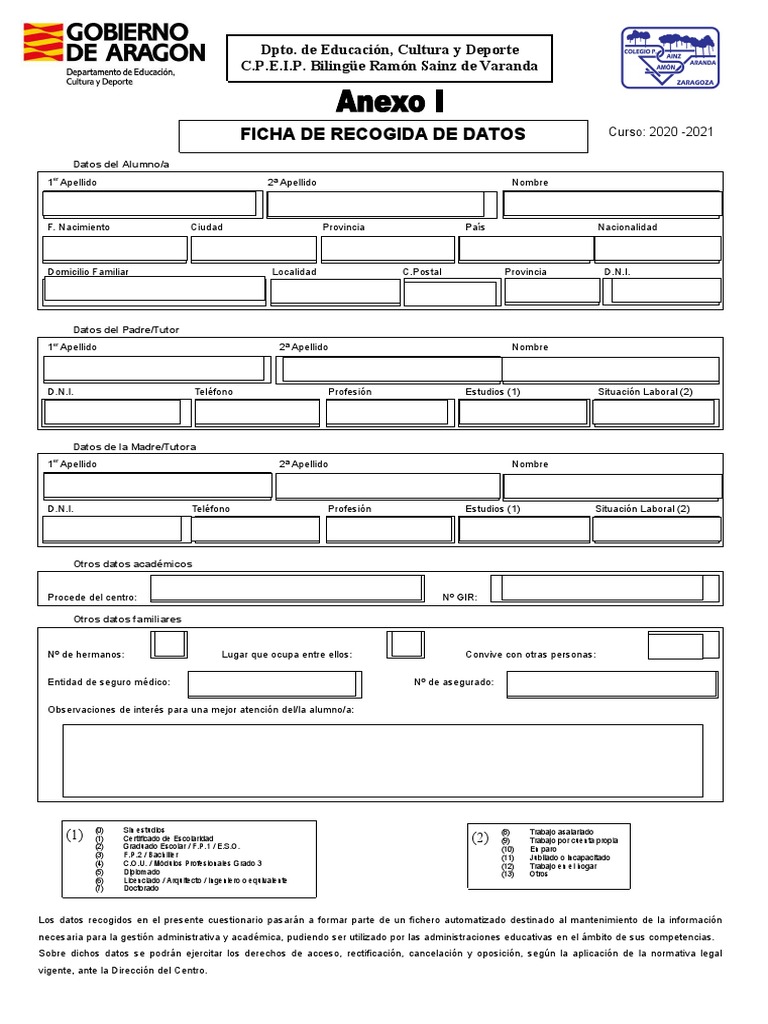 Anexo I Ficha De Recogida De Datos Editable 4 Pdf Licenciatura