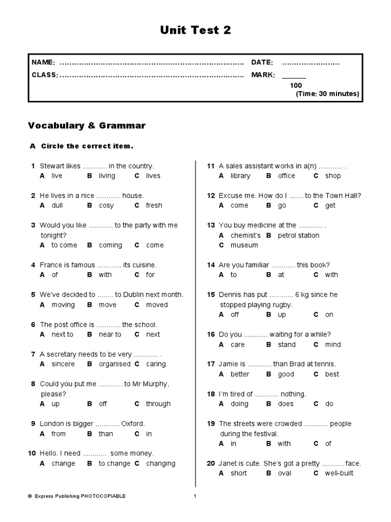Upstream Pre B1 Unit Test 2 | PDF