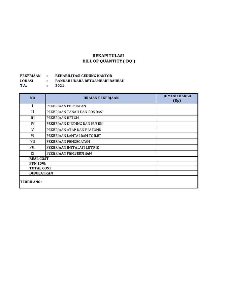 BQ Proyek Rehabilitasi Gedung Kantor | PDF