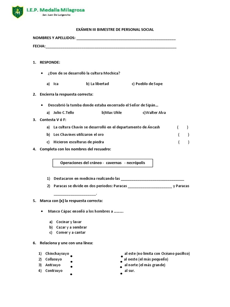 Exámen Iii Bimestre de Personal Social 2 Grado | PDF | Imperio Inca | Perú