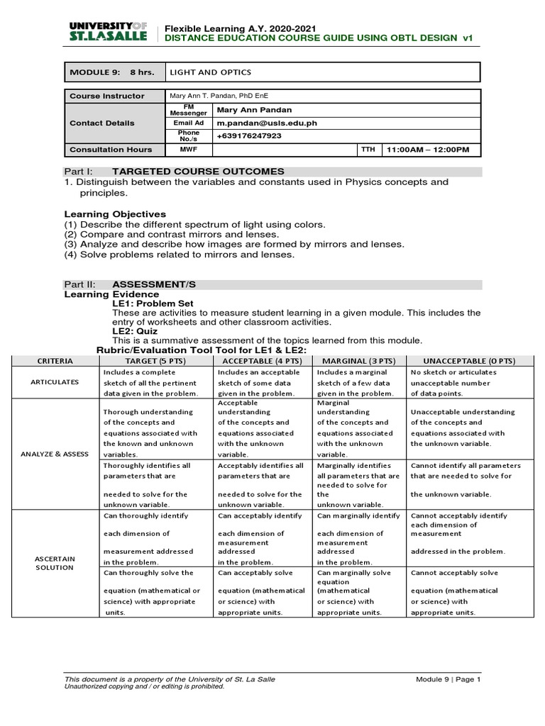 PHY101E - Module 9 Light and Optics | PDF | Light | Waves