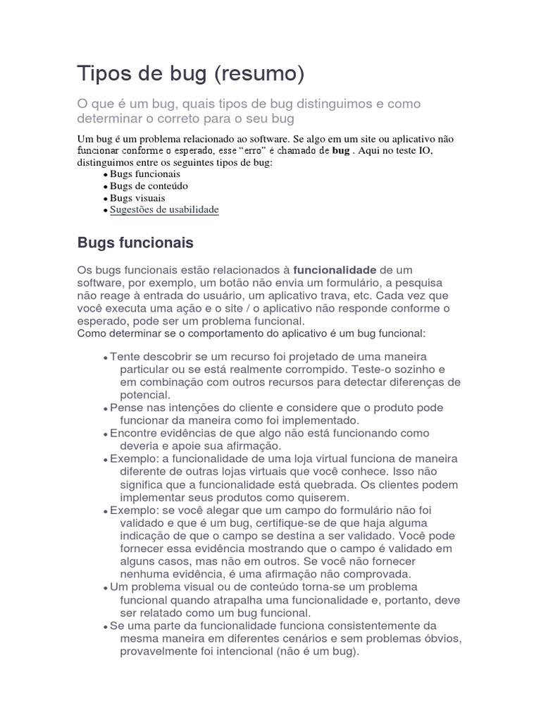 Tipos de Bugs em Software | PDF | Informação | Testes de software