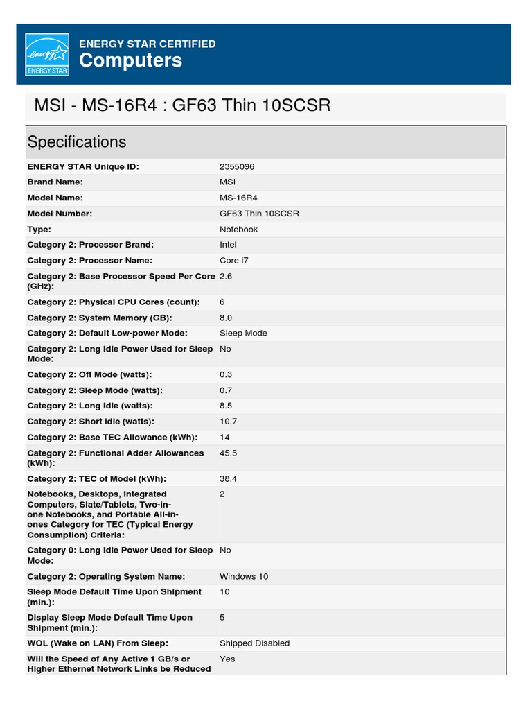 MSI MS-16R4 GF63 Thin Specs | PDF | Computers
