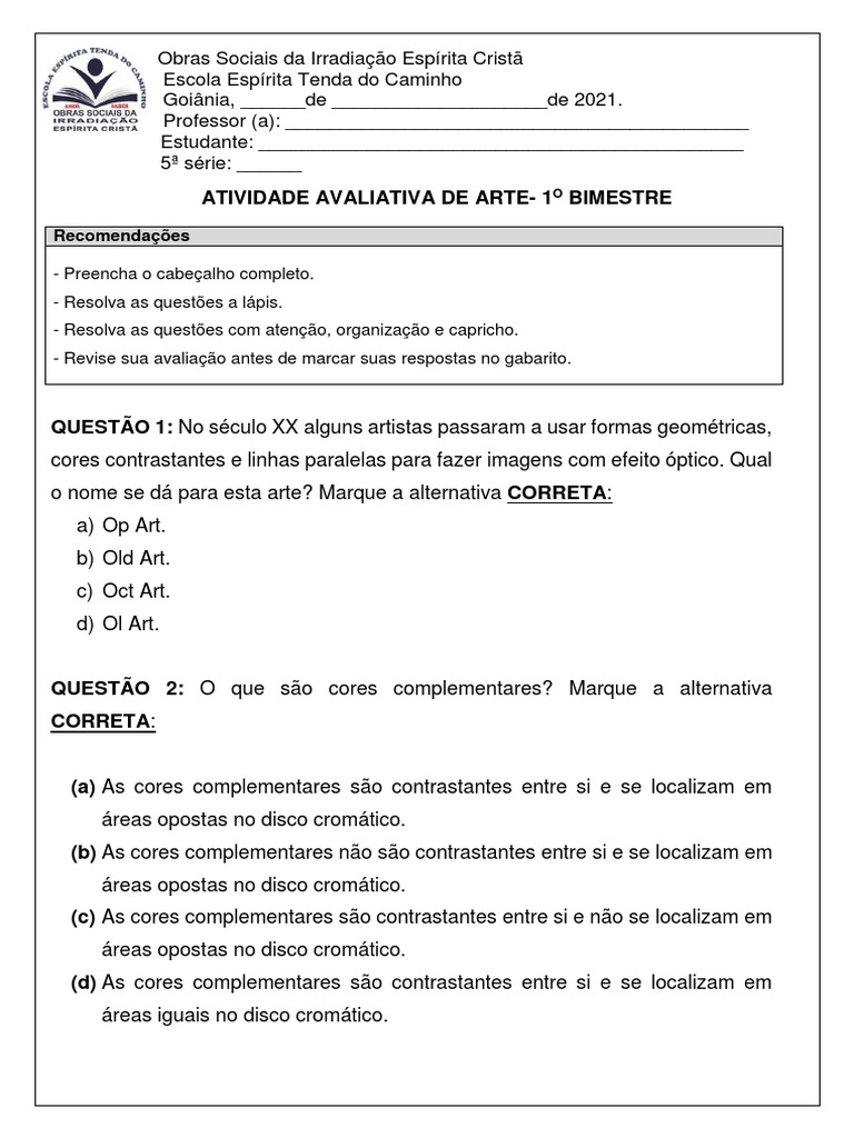 AVALIACAO DE ARTE 1o Bimestre 5o Ano | PDF | Xilogravuras | Cor