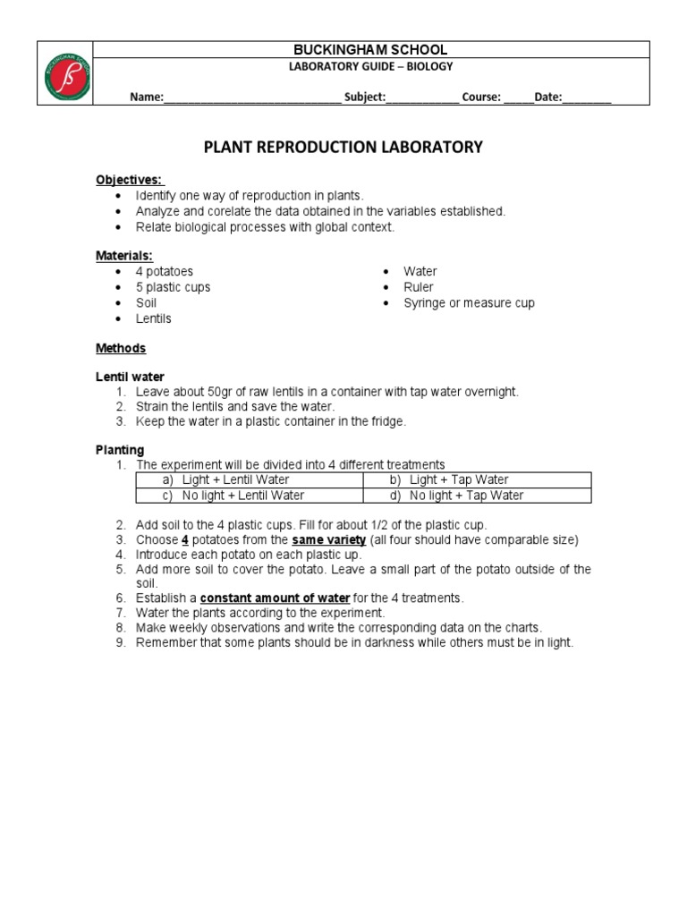 Plant Reproduction LAB JJO PDF Experiment Water