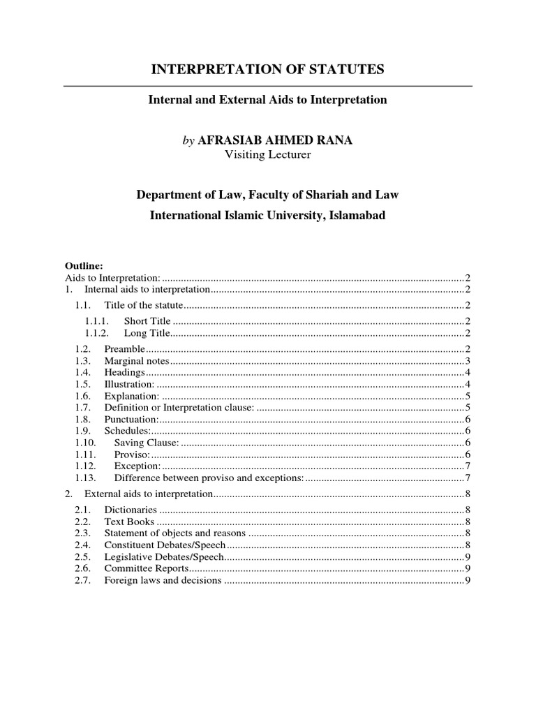 Interpretation of statutes internal and external aids to