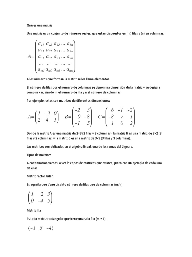 Definición y tipos de matrices | PDF | Matriz (Matemáticas ...