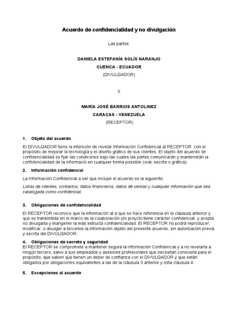 Acuerdo de Confidencialidad PDF Acuerdo de no divulgación Confidencialidad