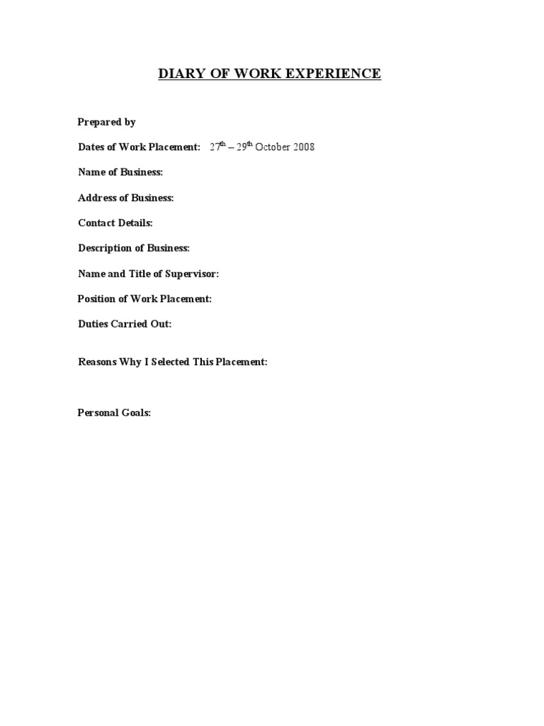 Template Diary of Work Experience Business Psychological Concepts