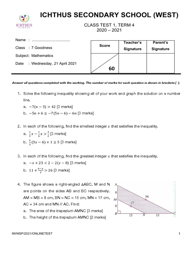 Class 7 Mathematics Test Paper | PDF | Area | Geometry
