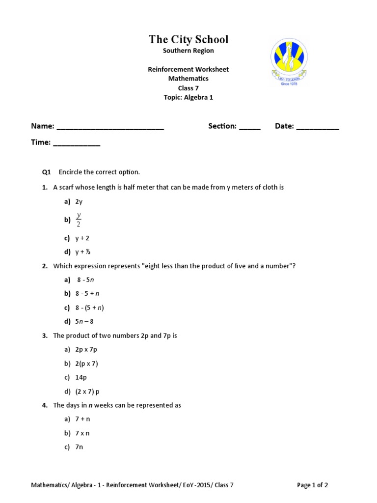 Class 7 Algebra Reinforcement Worksheet | PDF | Mathematics