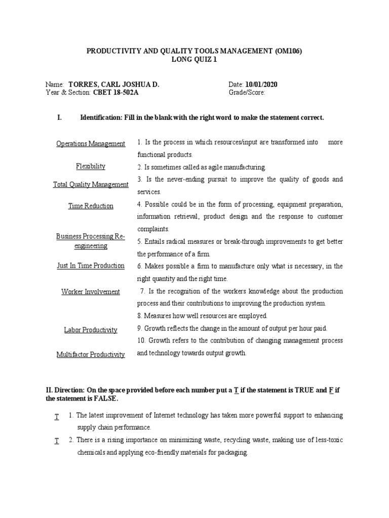 Productivity and Quality Tools Quiz1 PDF Operations Management