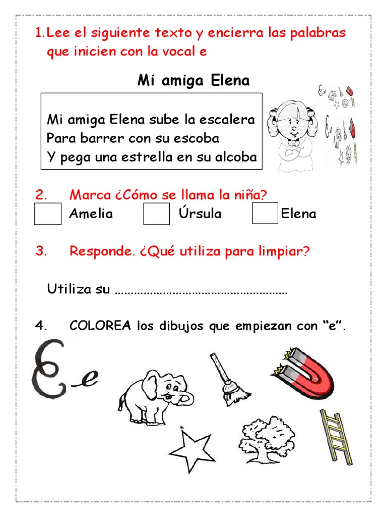 Lectura y actividades con la vocal E | PDF | Artes del Lenguaje y ...