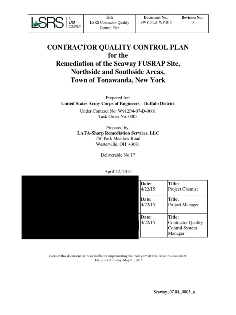Seaway FUSRAP Site Quality Control Plan | PDF | Occupational Safety And ...