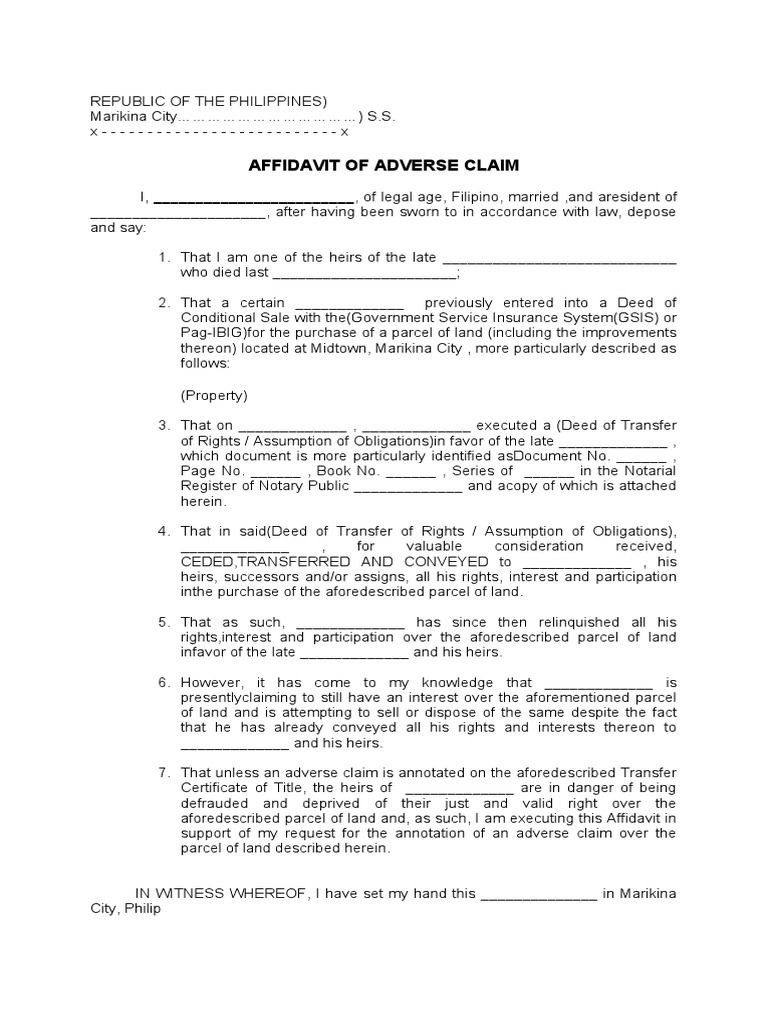 Affidavit of Adverse Claim | PDF | Affidavit | Deed