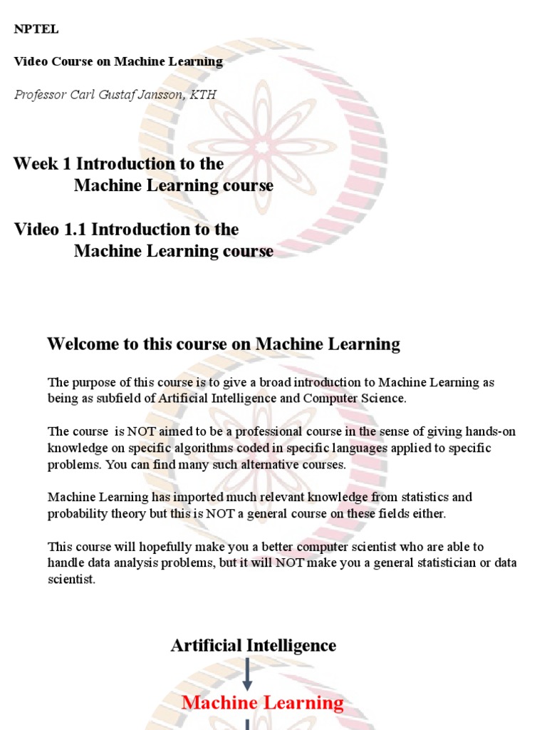 NPTEL Machine Learning Course Overview | PDF | Statistics | Machine ...