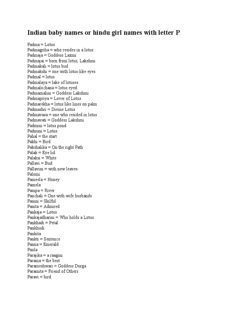Indian Baby Names or Hindu Girl Names With Letter P PDF Hindu Iconography Hindu Deities