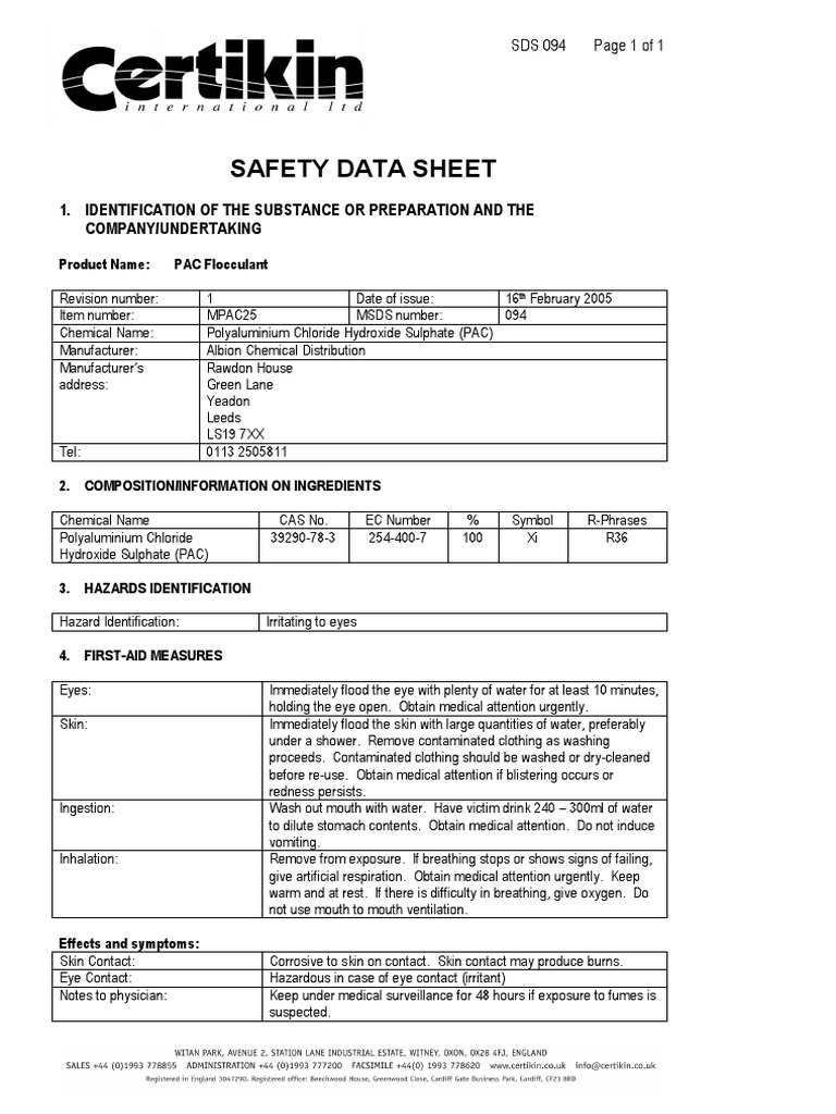 PAC Flocculant Safety Data Sheet | PDF | Firefighting | Water