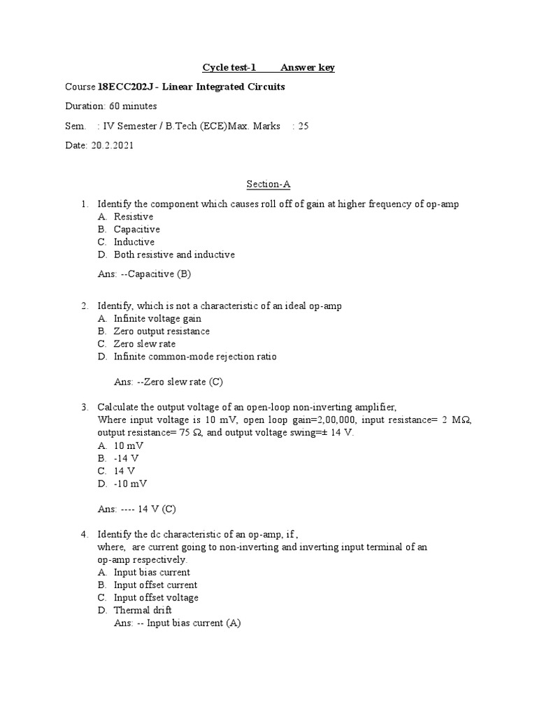 CT 1 MCQ Ans PDF Operational Amplifier Amplifier